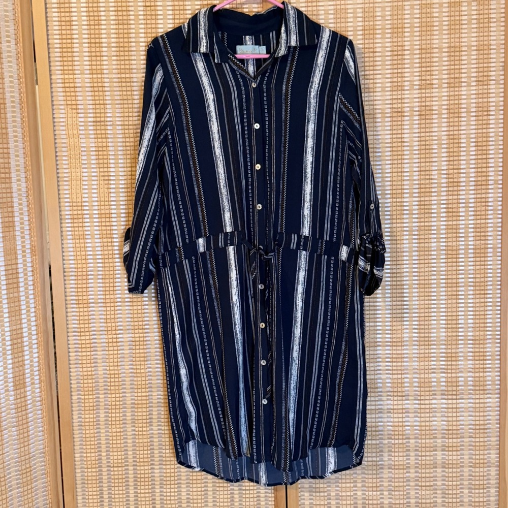 Veronica M Navy Blue Striped Button Down Shirt Dress Drawstring Waist Large Art